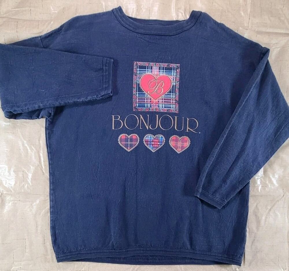 Vintage 90s Bonjour Navy Blue Graphic Sweatshirt Sz 18/20 100% Cotton Mom USA